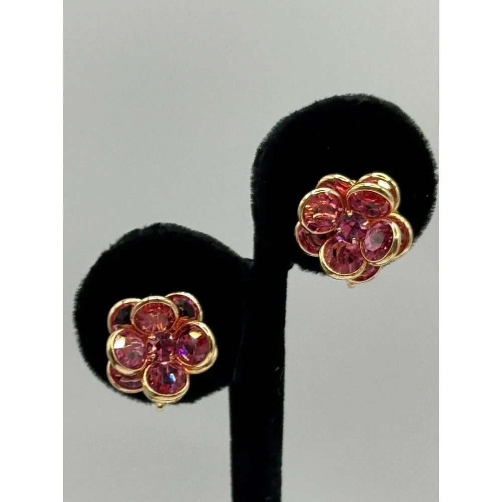 Vintage Pink Open Back Crystal‎ Necklace Clip On Earrings Bracelet Set Gold Tone